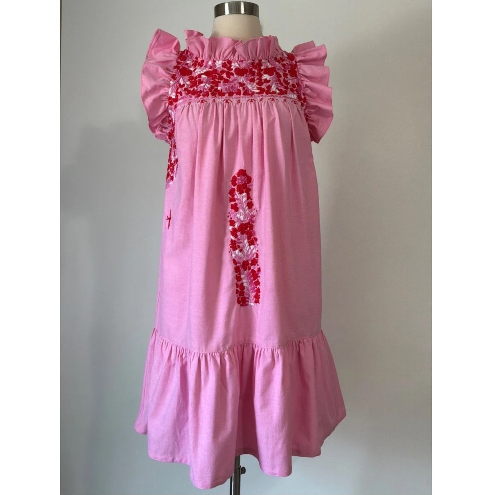 Mi Golondrina Pink Dress with Red Floral Embroidery